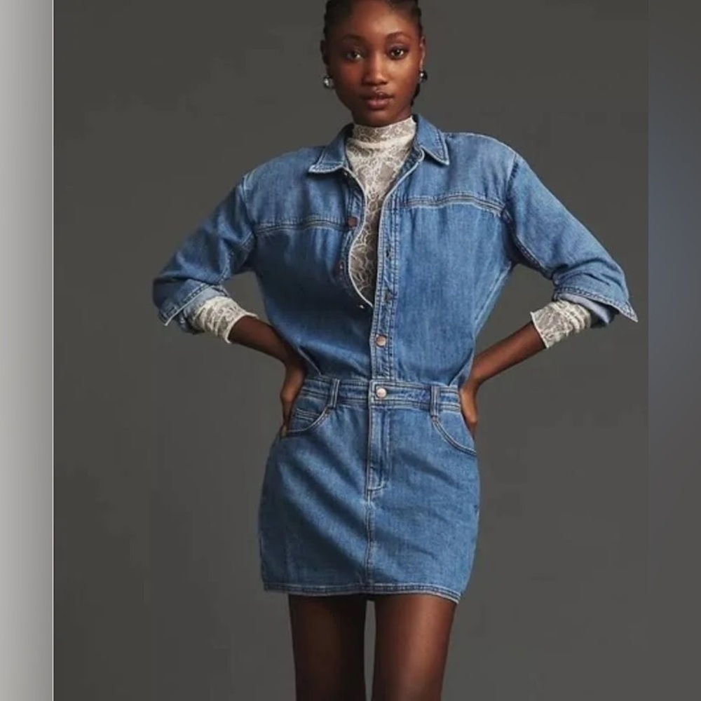 Anthropologie Pilcro Long-Sleeve Denim Micro Mini Shirt Dress XS
